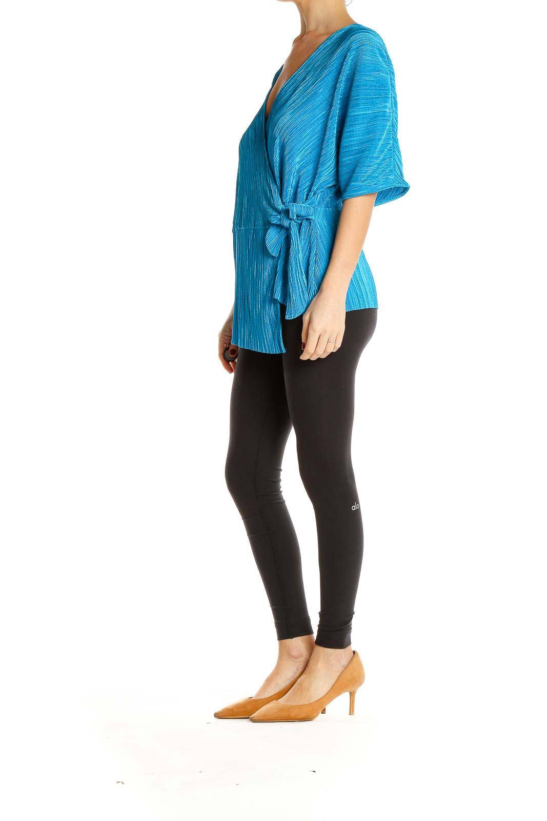 Front view of Halogen blue textured wrap-style blouse with V-neckline