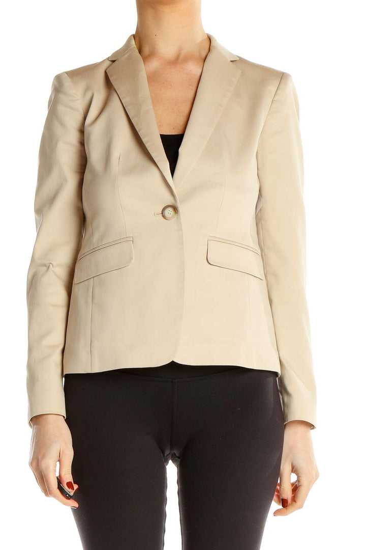 Front view of Ann Taylor beige single-button blazer