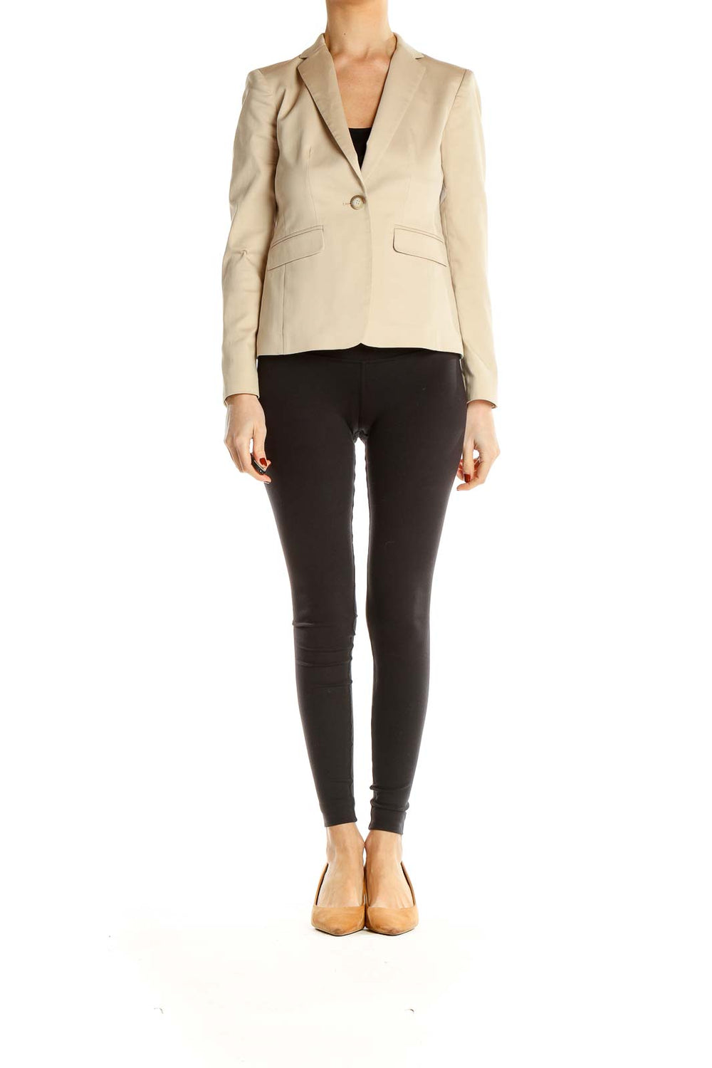 Front view of Ann Taylor beige single-button blazer