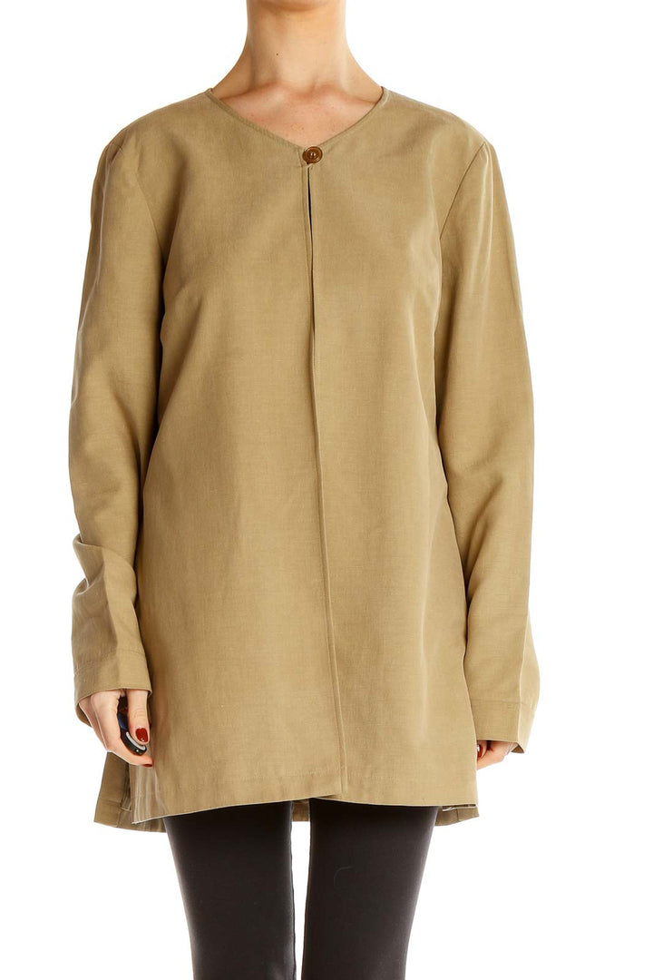 Front view of Studio G beige long coat with single-button closure