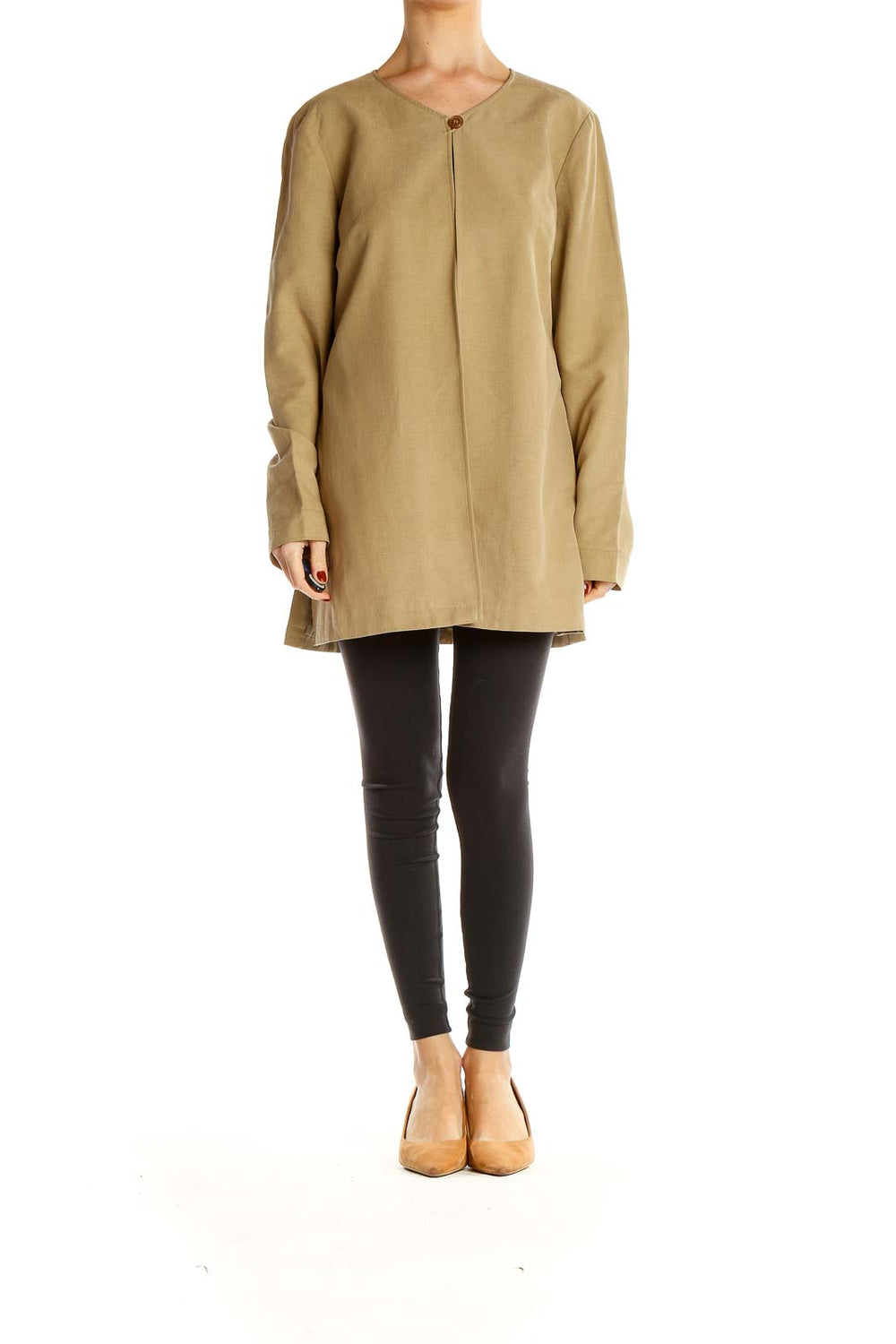 Front view of Studio G beige long coat with single-button closure
