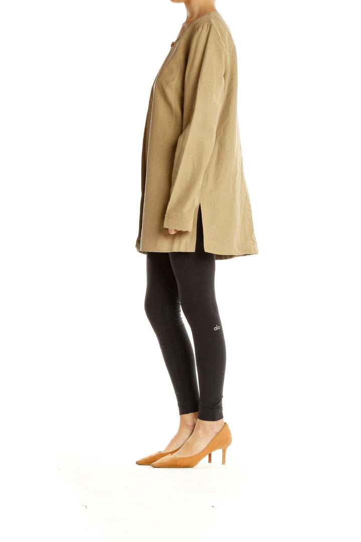 Front view of Studio G beige long coat with single-button closure