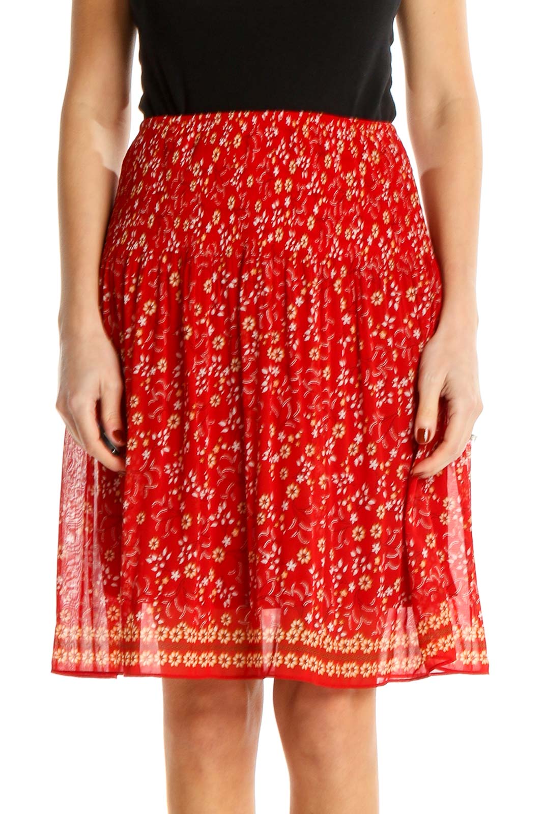Front view of Max Studio red floral printed pleated midi skirt