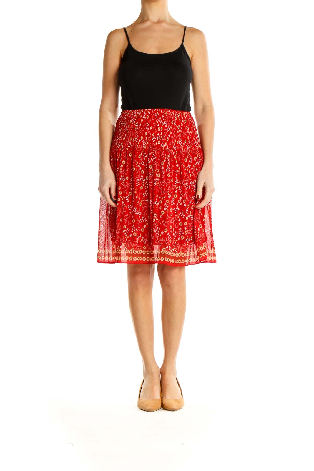 Front view of Max Studio red floral printed pleated midi skirt