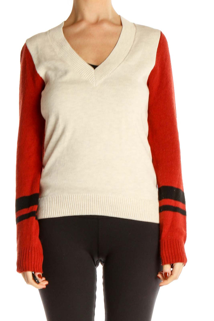 Front view of Treasure & Bond cream and red color-block V-neck sweater