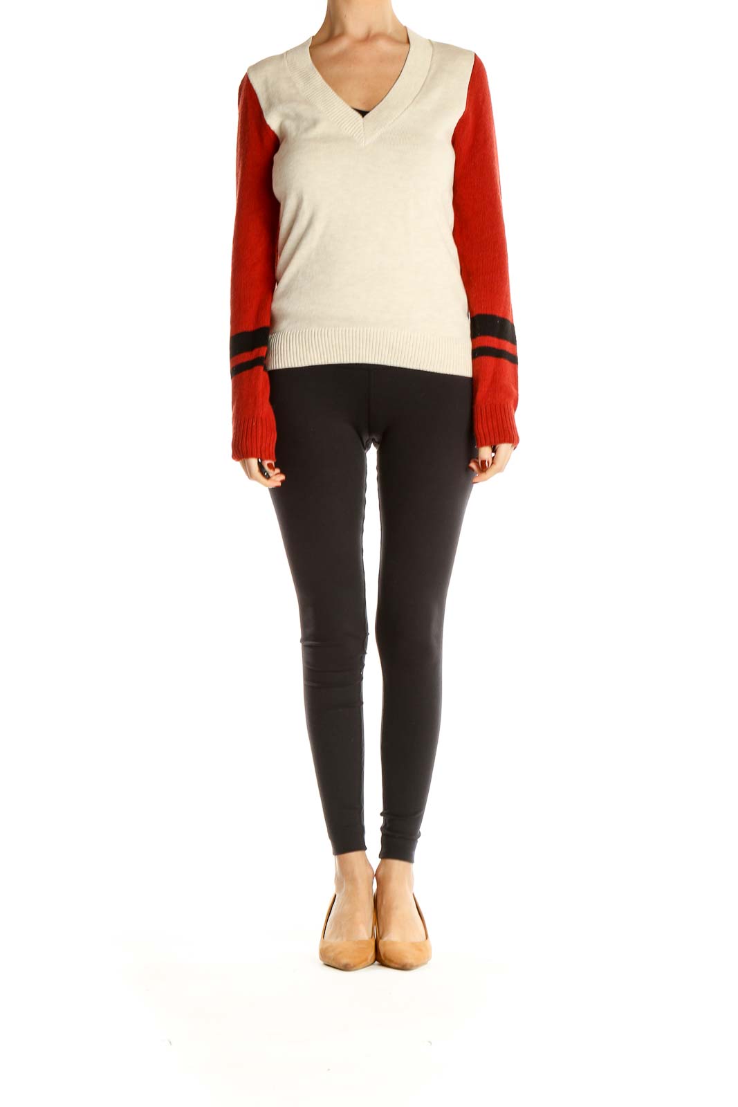 Front view of Treasure & Bond cream and red color-block V-neck sweater