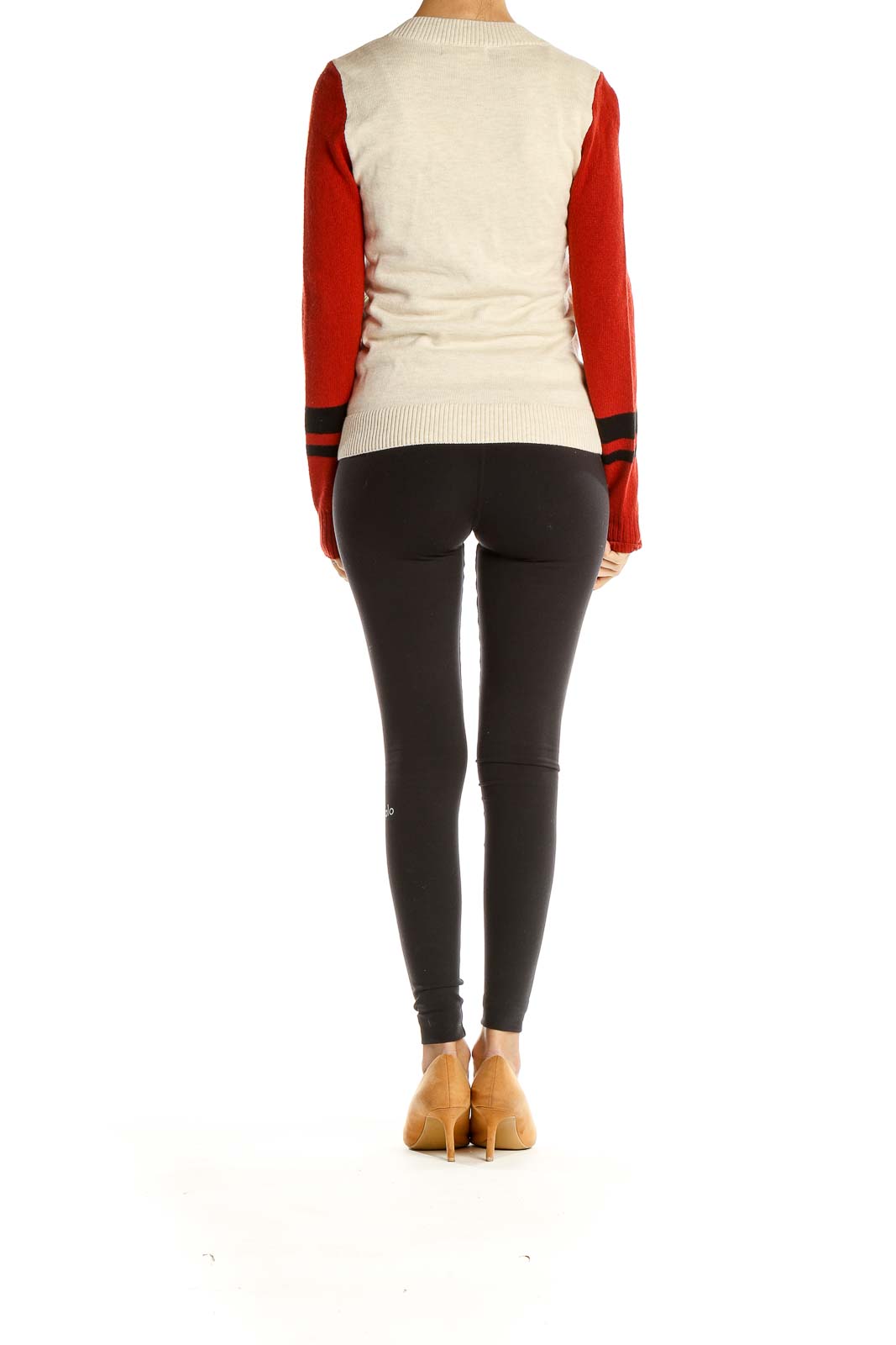 Side view of Treasure & Bond cream and red color-block V-neck sweater with black stripe accents