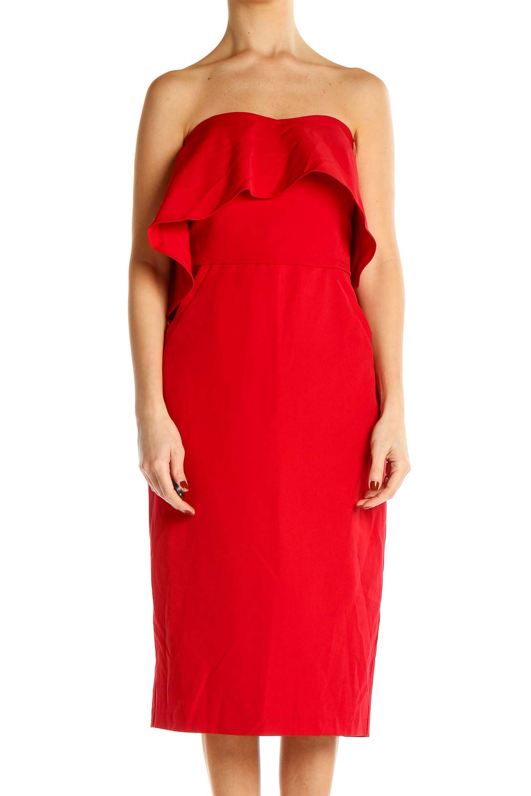 Front view of Chelsea28 red strapless midi dress with ruffle overlay