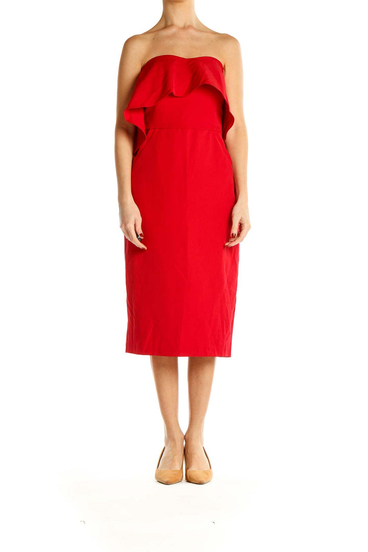 Front view of Chelsea28 red strapless midi dress with ruffle overlay