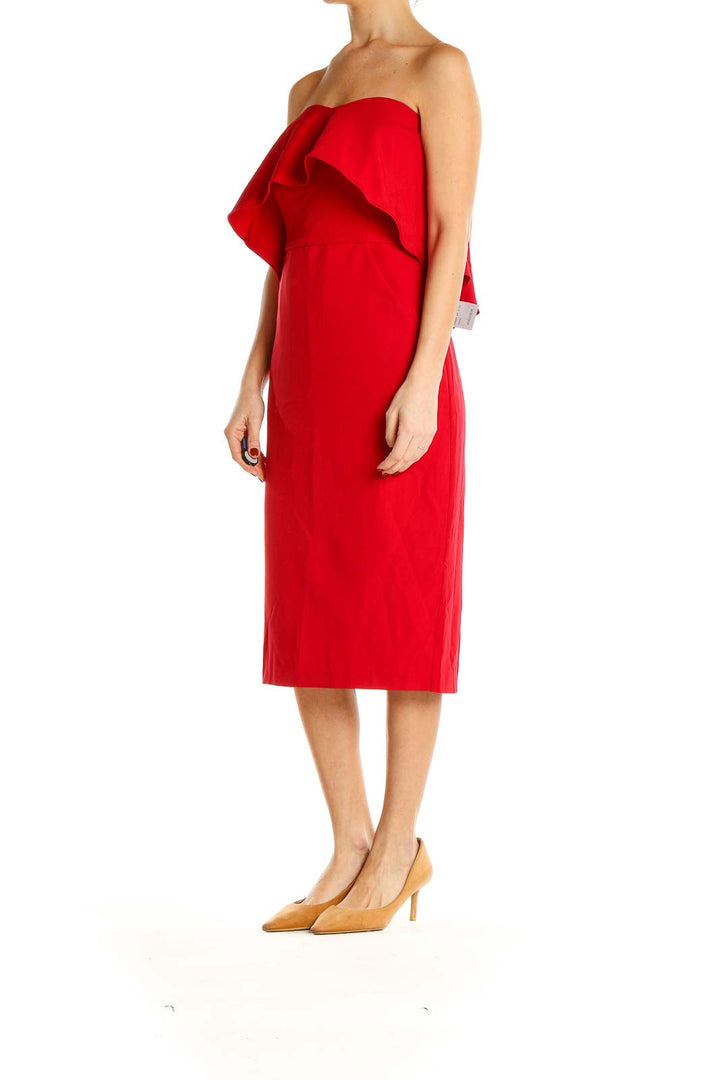 Front view of Chelsea28 red strapless midi dress with ruffle overlay