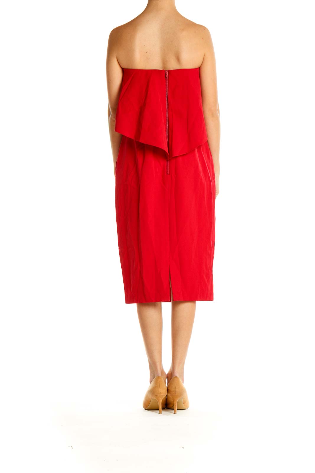 Side view of Chelsea28 red strapless midi dress showing ruffle detail