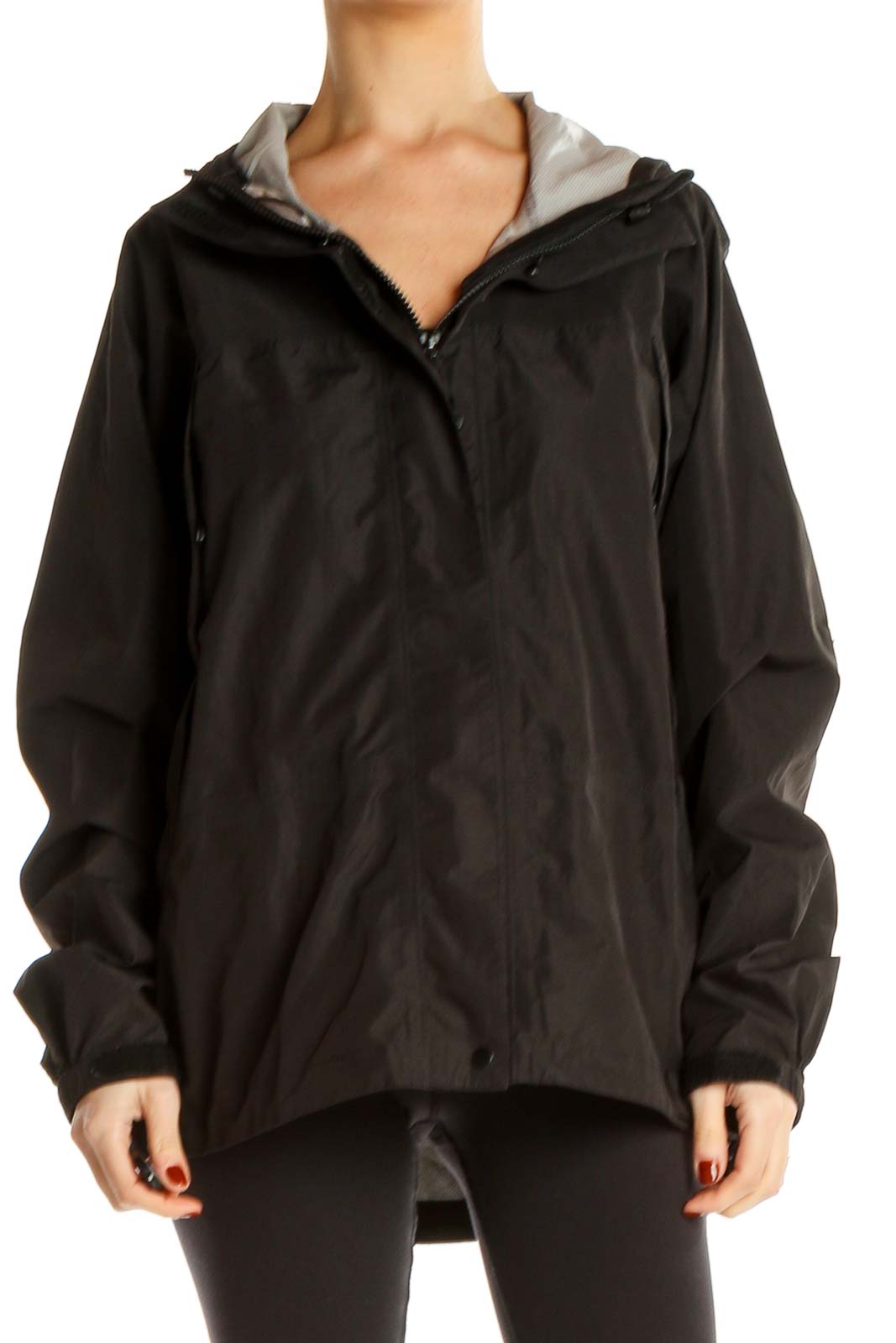 Front view of black L.L.Bean hooded rain jacket on model