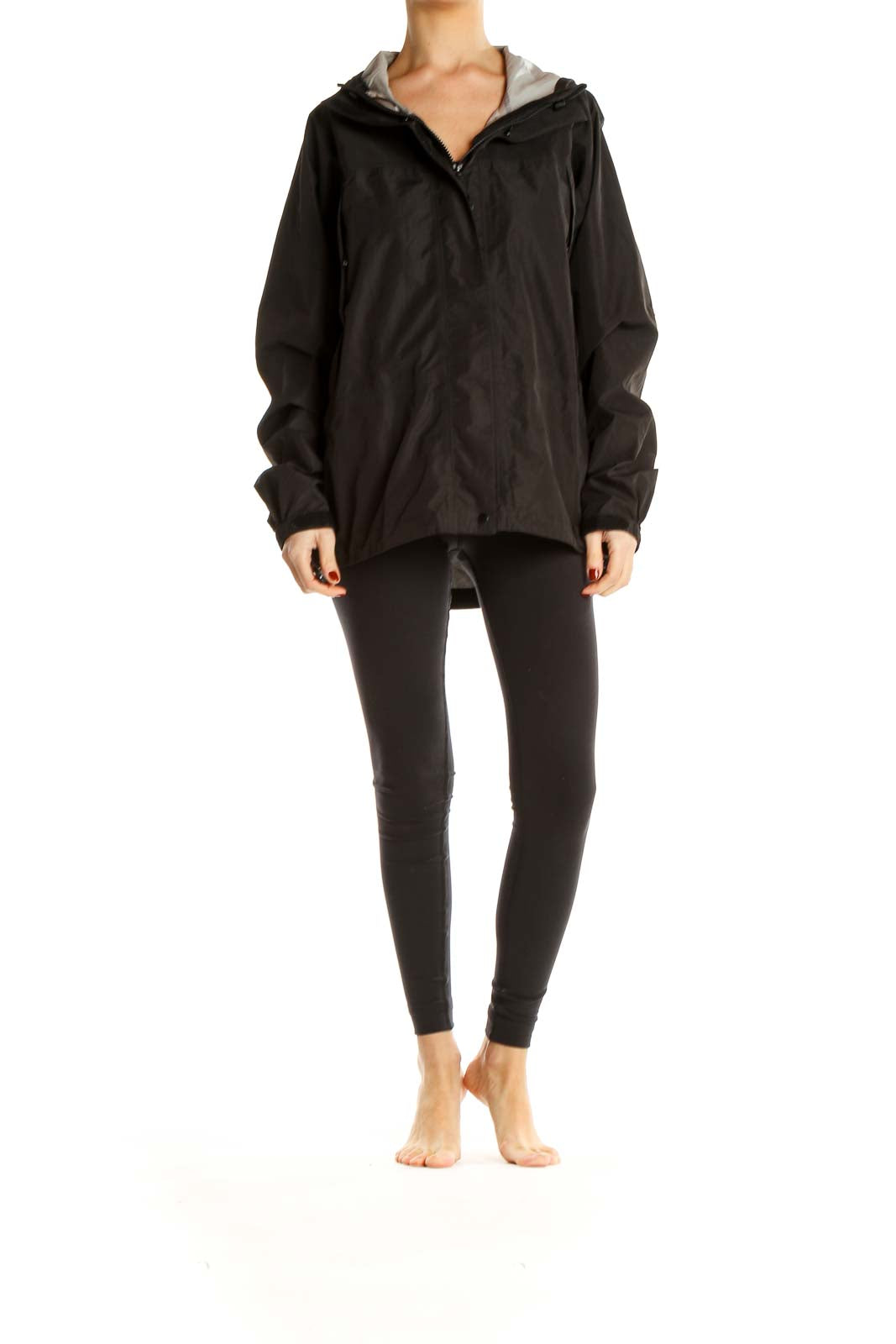 Front view of black L.L.Bean hooded rain jacket on model