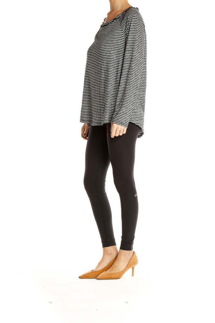 Front view of Gibson Gray Striped Long Sleeve Knit Top on model