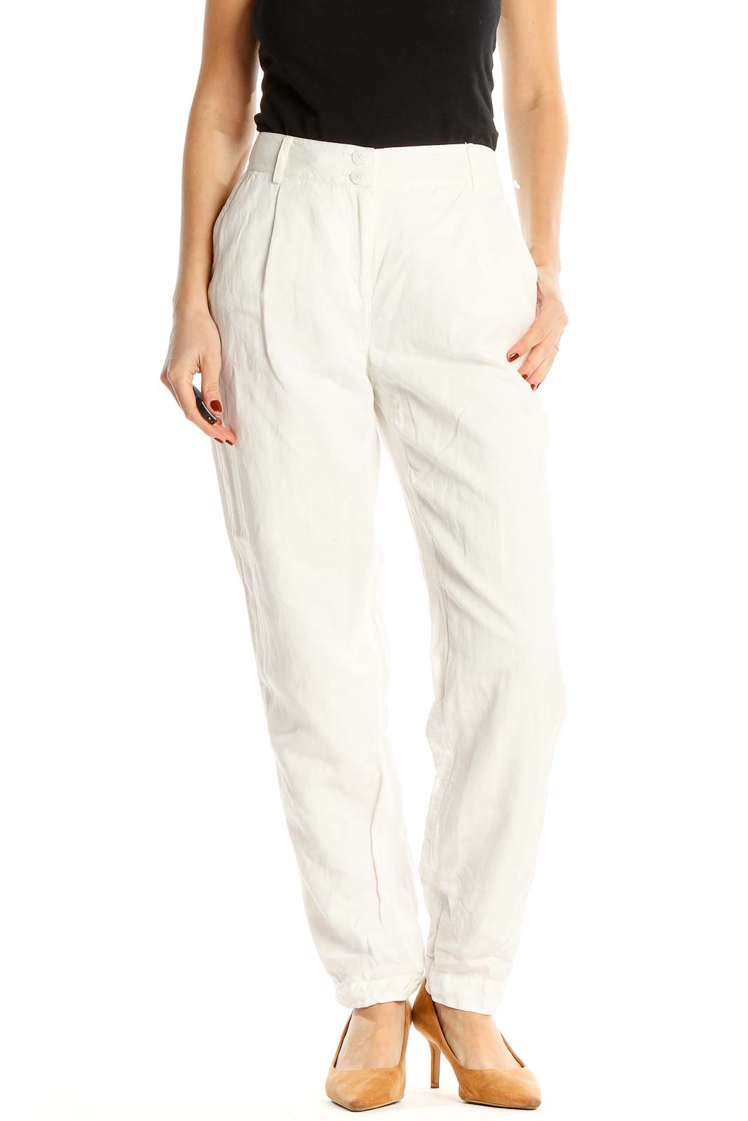 Front view of Nordstrom Signature white pleated straight-leg trousers
