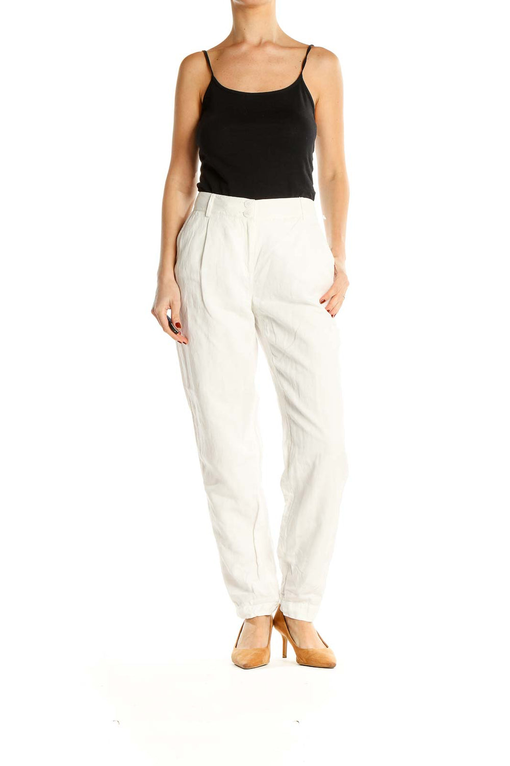 Front view of Nordstrom Signature white pleated straight-leg trousers