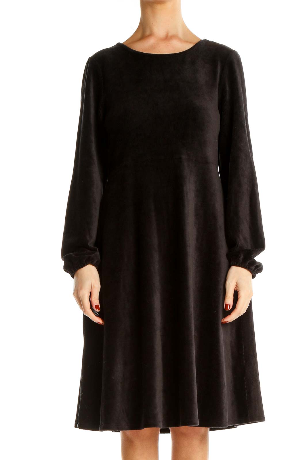 Front view of black Spense long sleeve midi dress with A-line silhouette