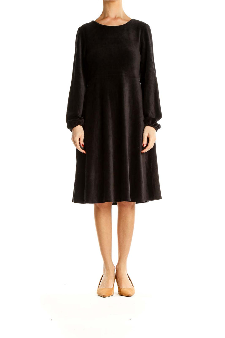 Front view of black Spense long sleeve midi dress with A-line silhouette