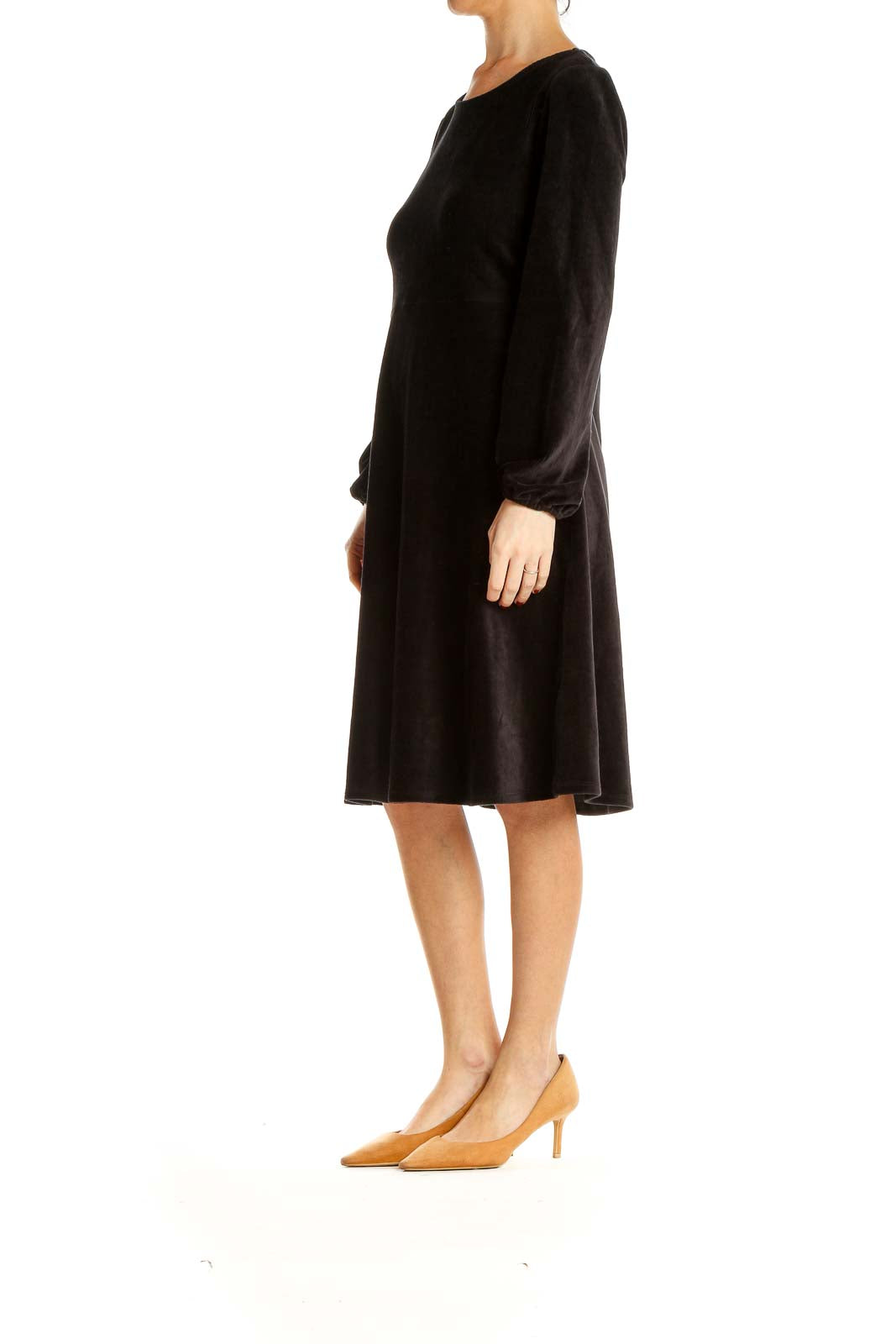 Front view of black Spense long sleeve midi dress with A-line silhouette
