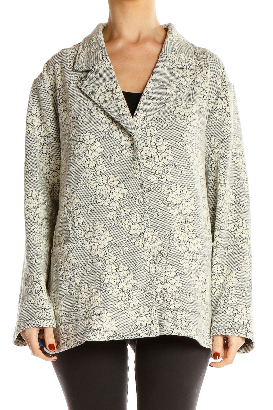 Front view of Everleigh gray floral lace oversized jacket