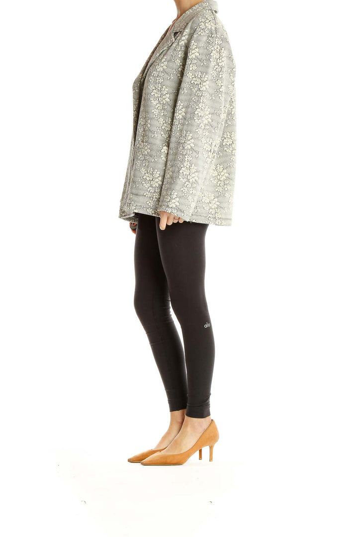 Front view of Everleigh gray floral lace oversized jacket