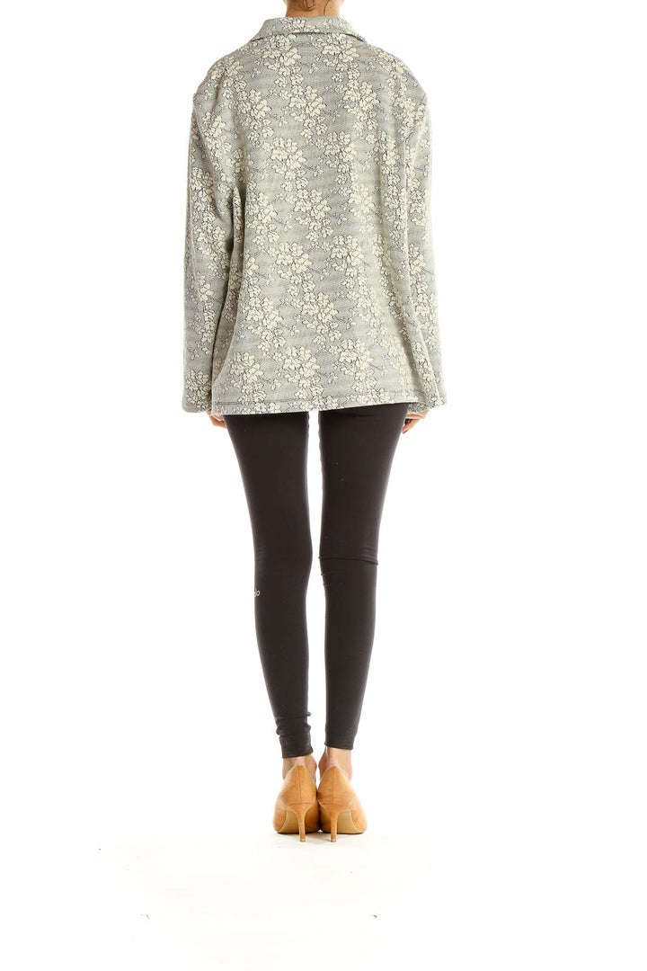 Side view of Everleigh gray floral lace oversized jacket on model
