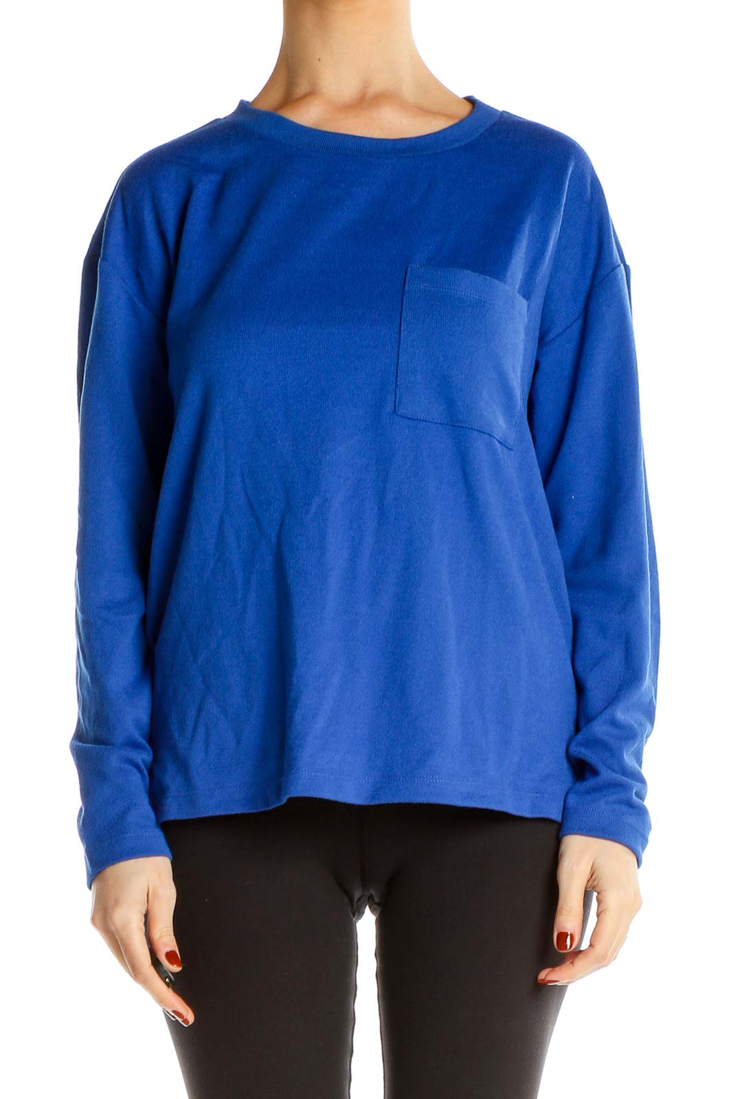 Front view of blue Sanctuary long sleeve top with chest pocket