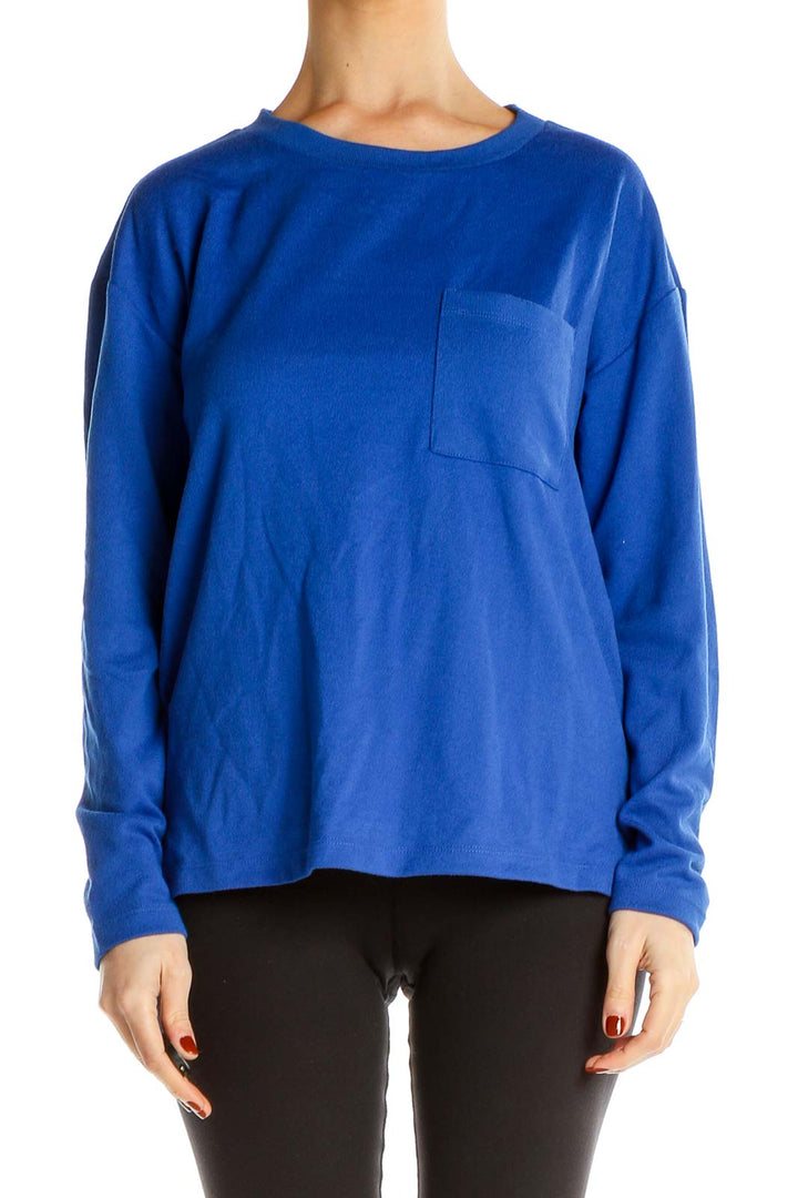 Front view of blue Sanctuary long sleeve top with chest pocket