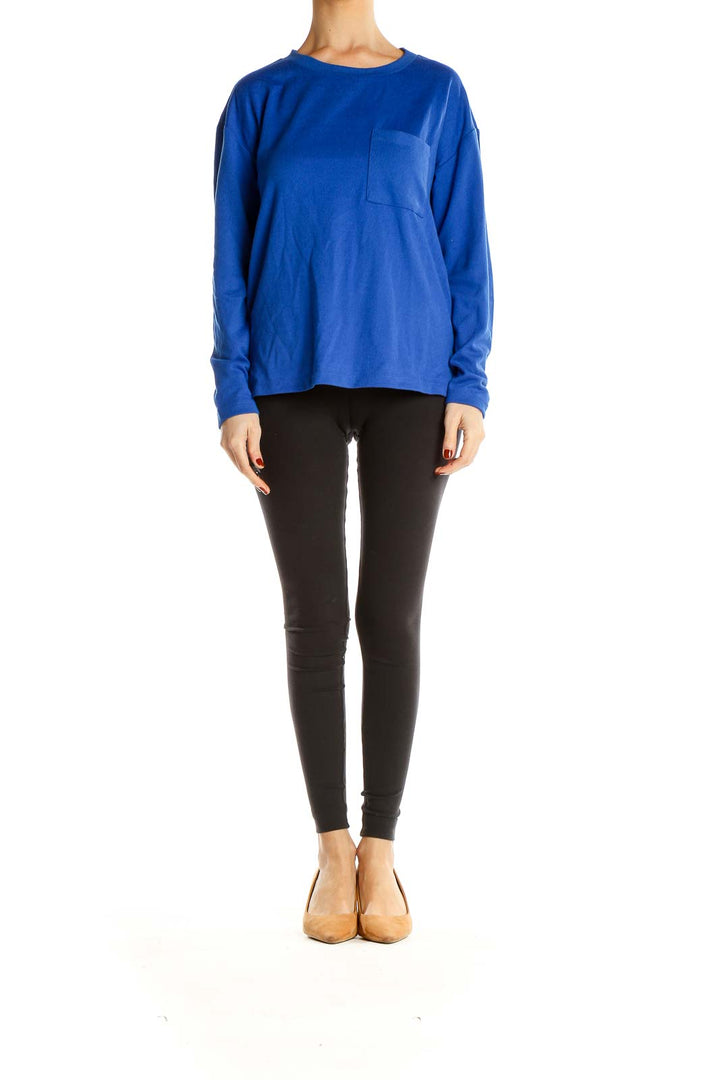 Front view of blue Sanctuary long sleeve top with chest pocket