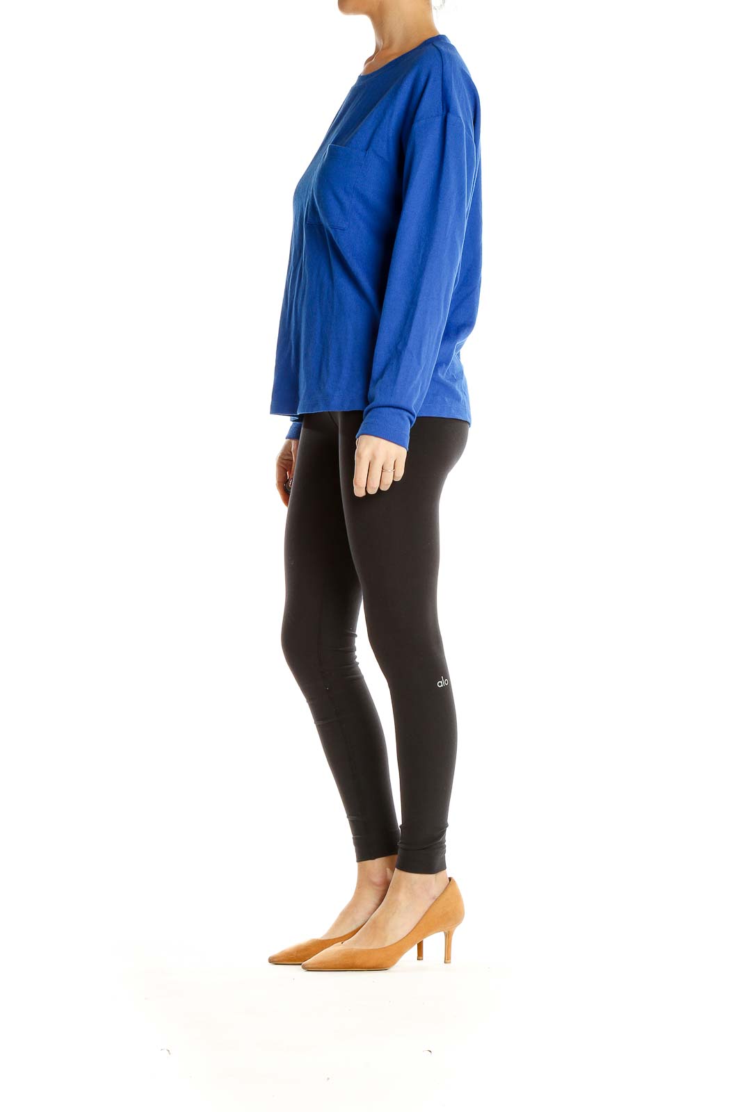 Front view of blue Sanctuary long sleeve top with chest pocket