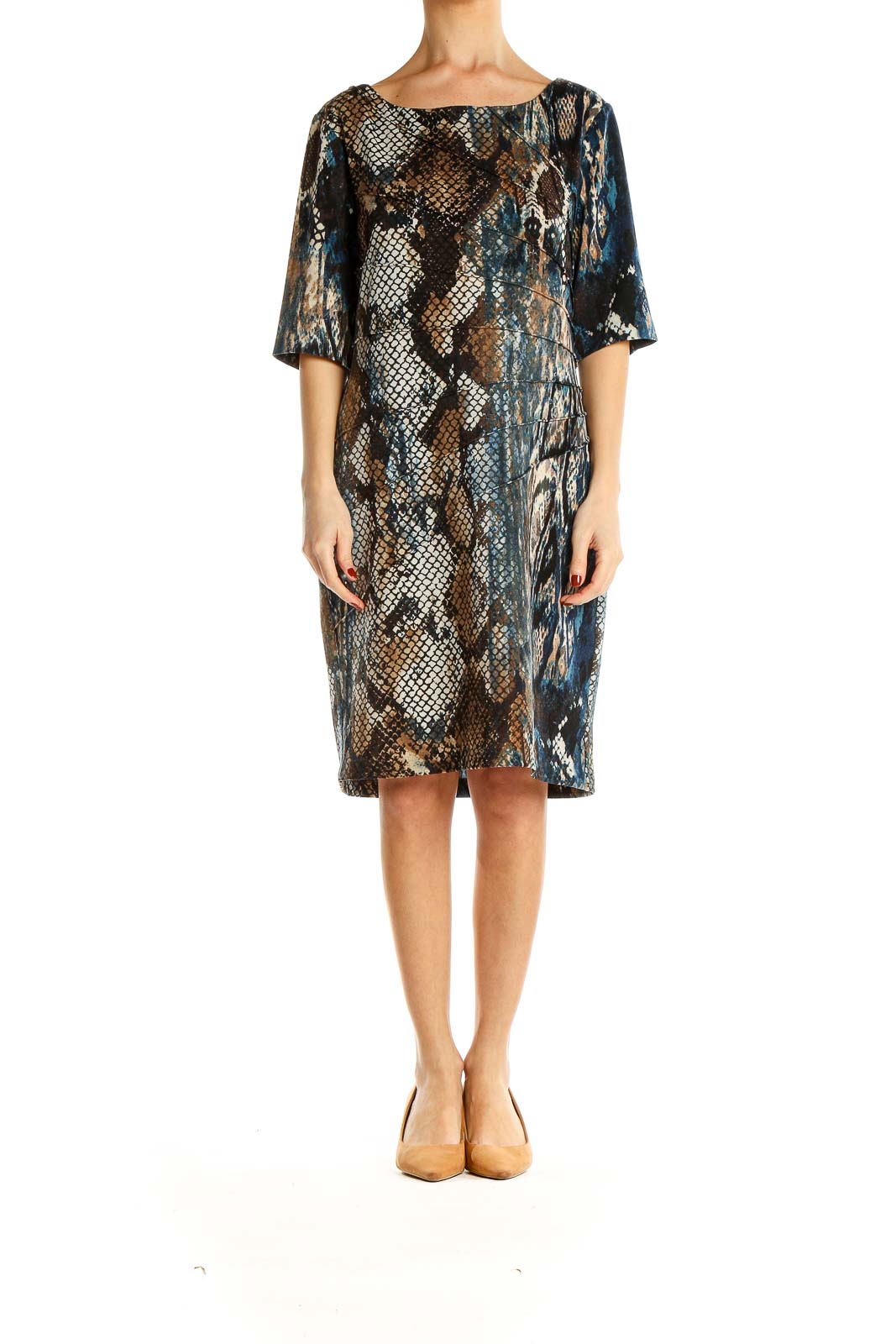 Front view of Connected Apparel Blue & Brown Snake Print Shift Dress