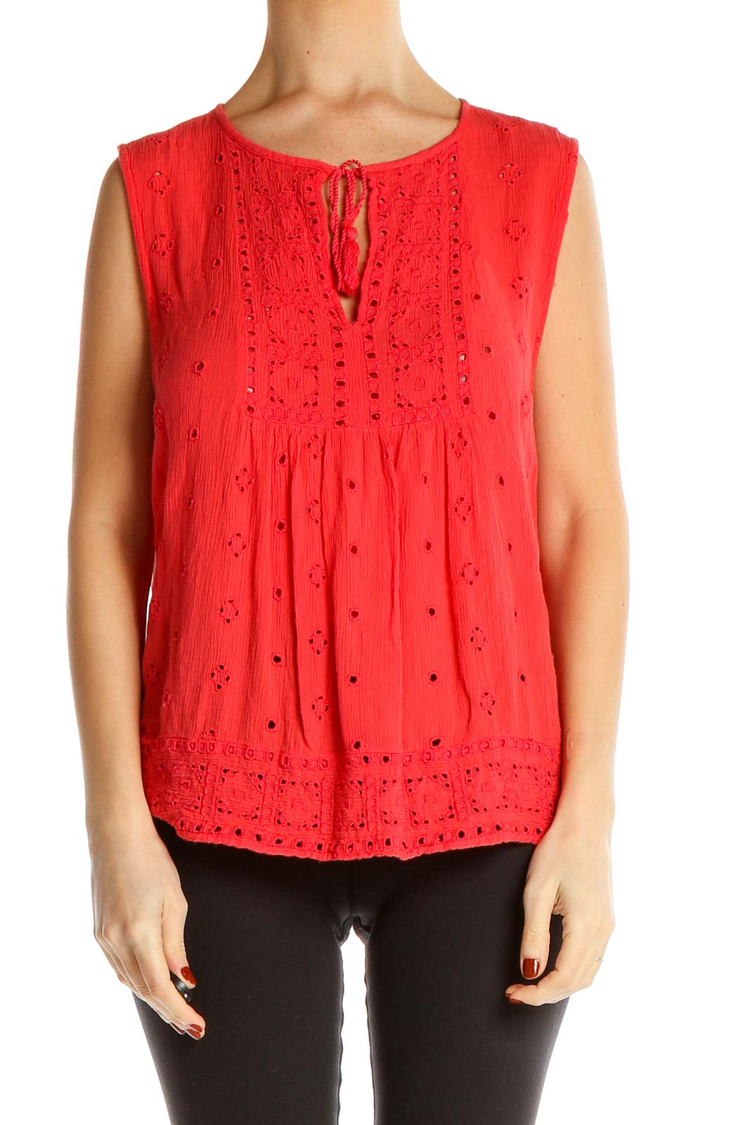 Front view of red eyelet lace sleeveless blouse from Gap