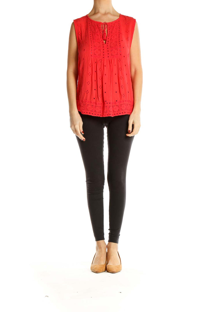 Front view of red eyelet lace sleeveless blouse from Gap