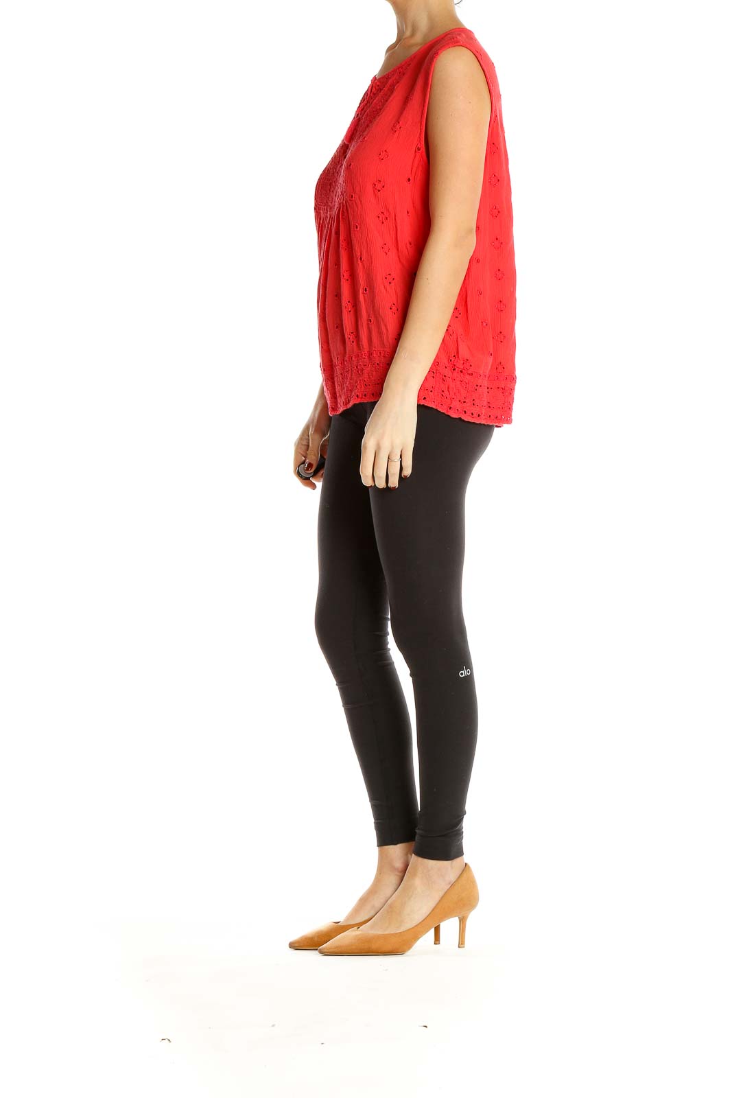 Front view of red eyelet lace sleeveless blouse from Gap