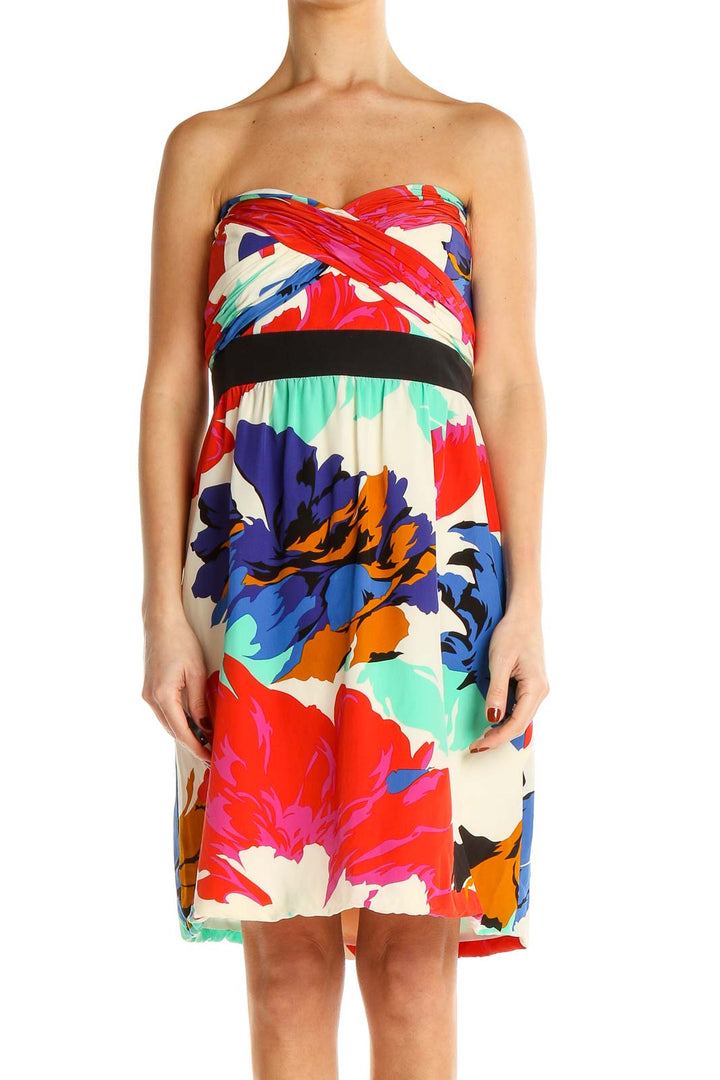 Front view of Tibi New York multicolor floral strapless cocktail dress