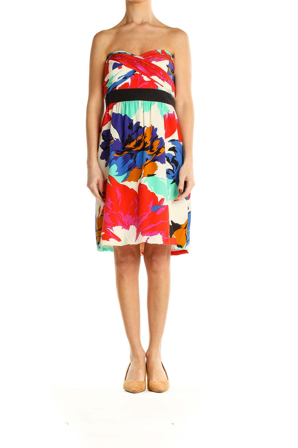 Front view of Tibi New York multicolor floral strapless cocktail dress