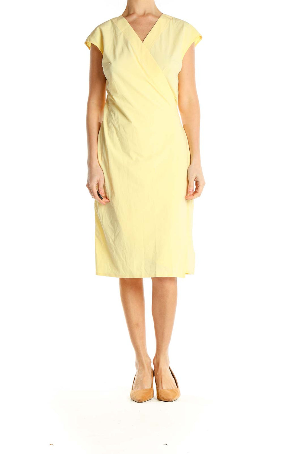 Front view of yellow Athleta wrap-style midi dress