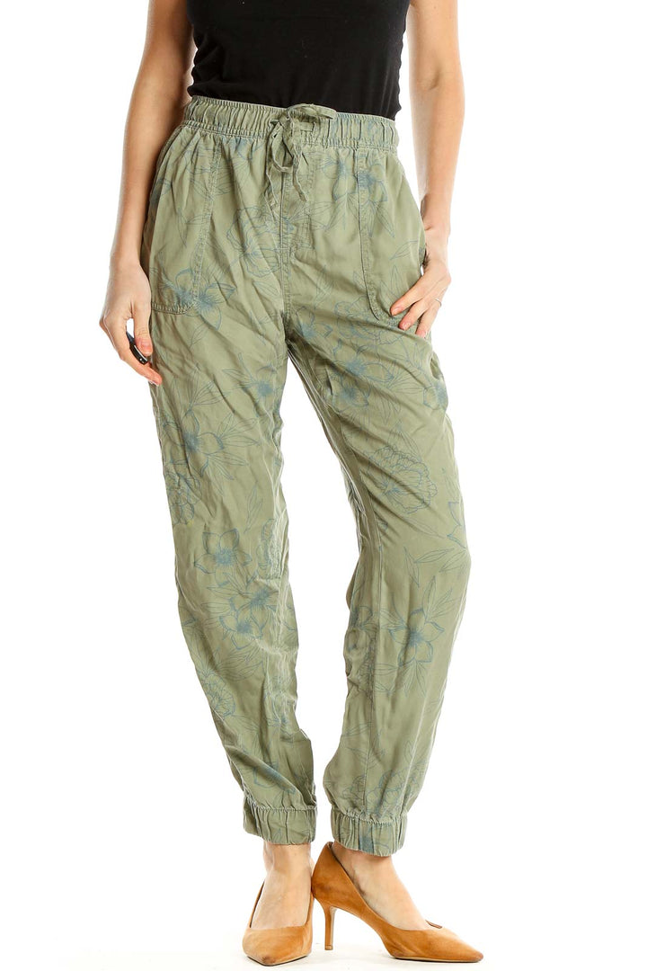 Green Floral Print All Day Wear Drawstring Lyocell Pants