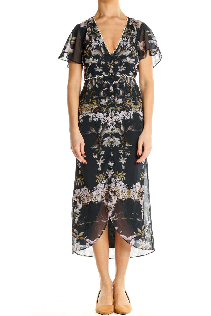 Front view of Hope & Ivy black floral chiffon midi dress with flutter sleeves
