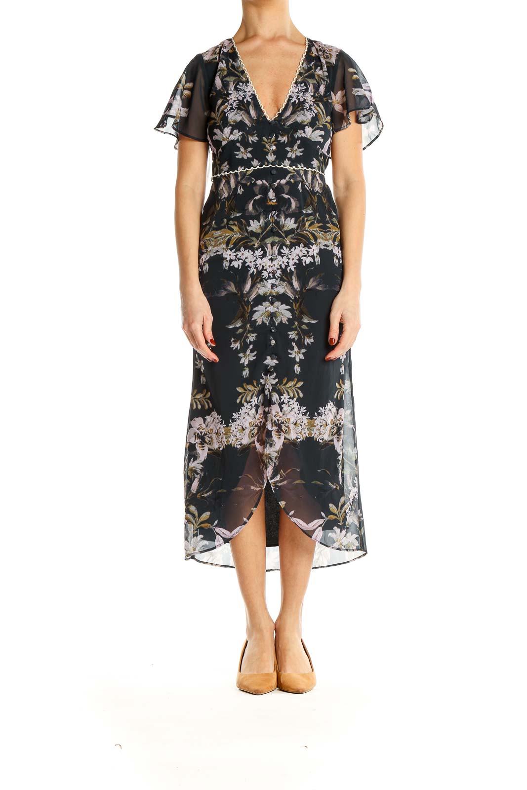 Front view of Hope & Ivy black floral chiffon midi dress with flutter sleeves