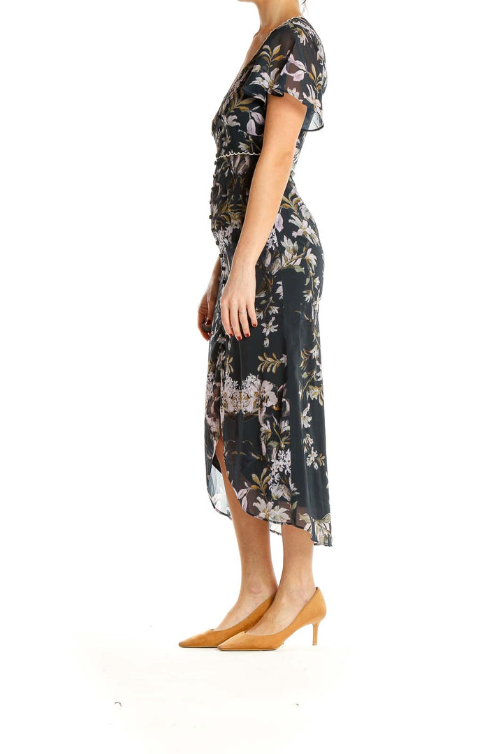 Front view of Hope & Ivy black floral chiffon midi dress with flutter sleeves