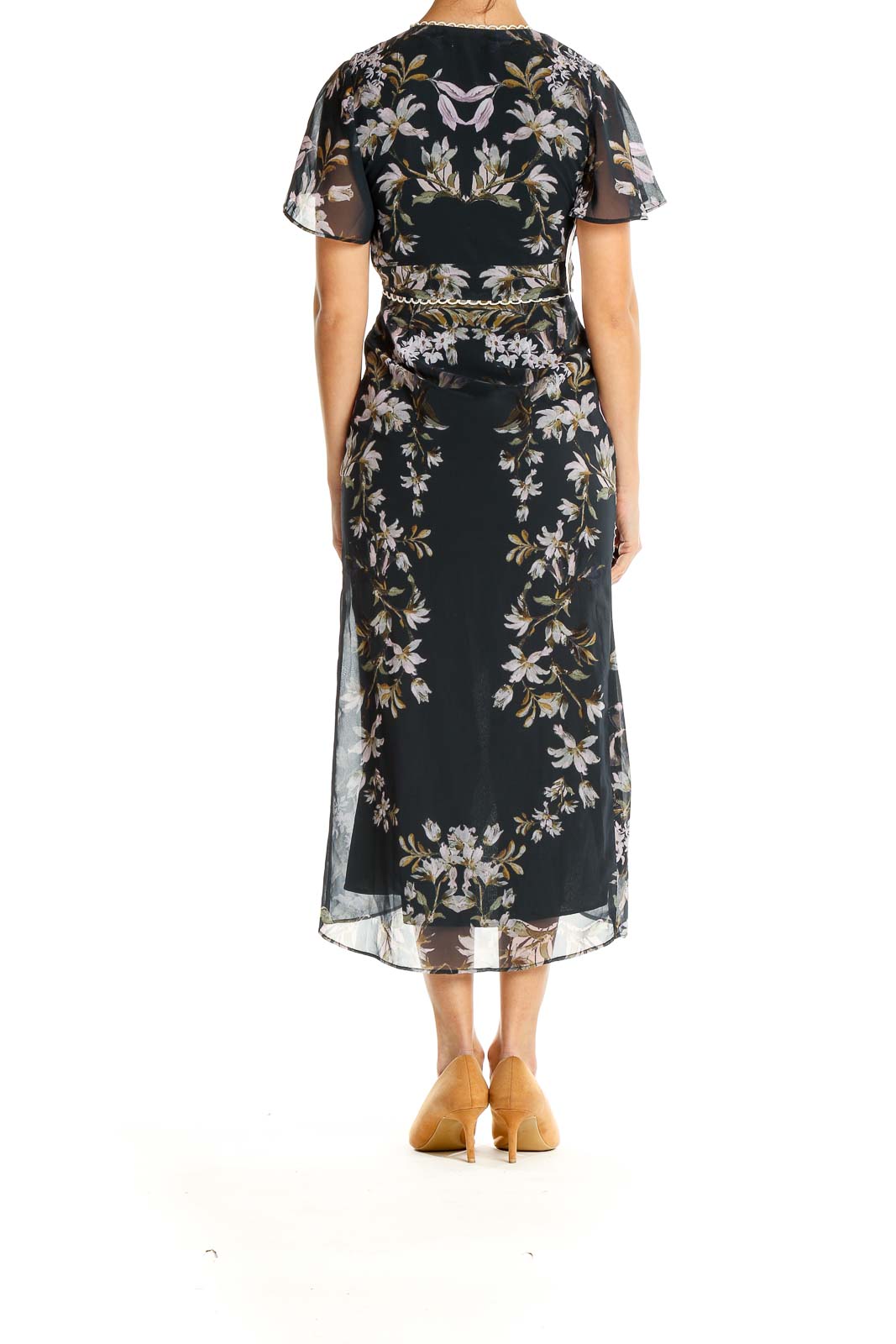 Side view of Hope & Ivy black floral chiffon midi dress showing high-low hemline