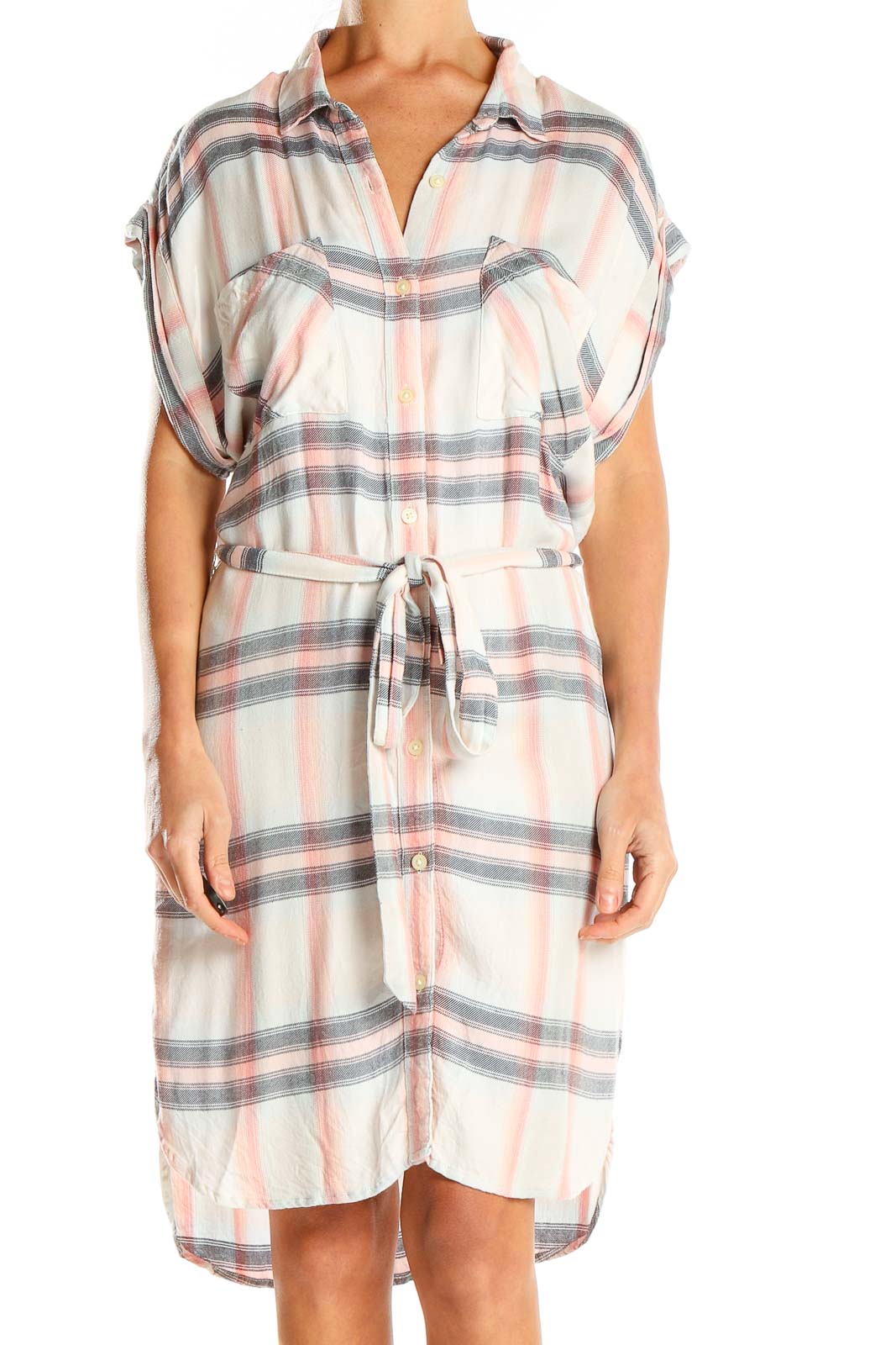 Front view of Gap white plaid button-down shirt dress with tie-waist