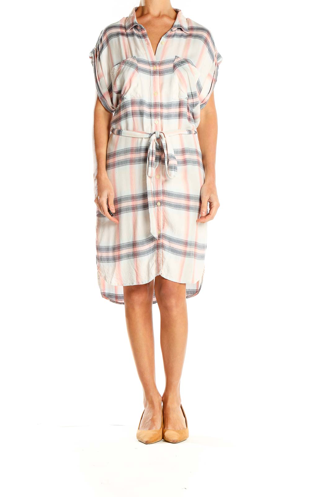 Front view of Gap white plaid button-down shirt dress with tie-waist
