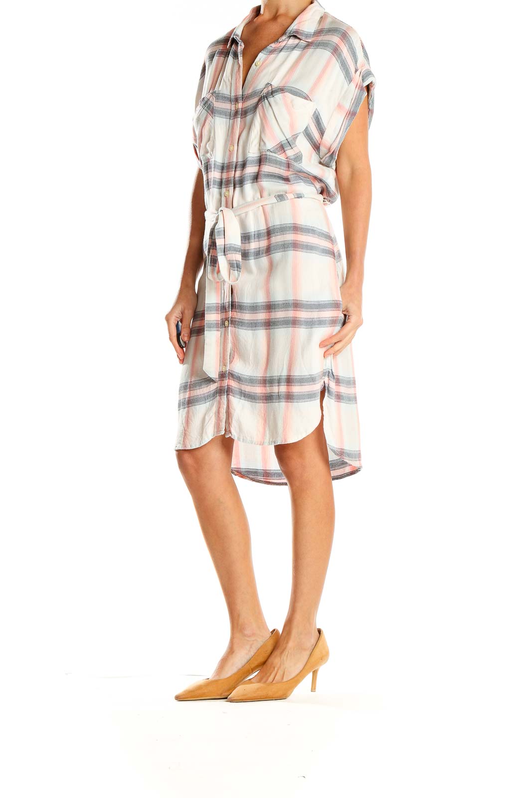 Front view of Gap white plaid button-down shirt dress with tie-waist