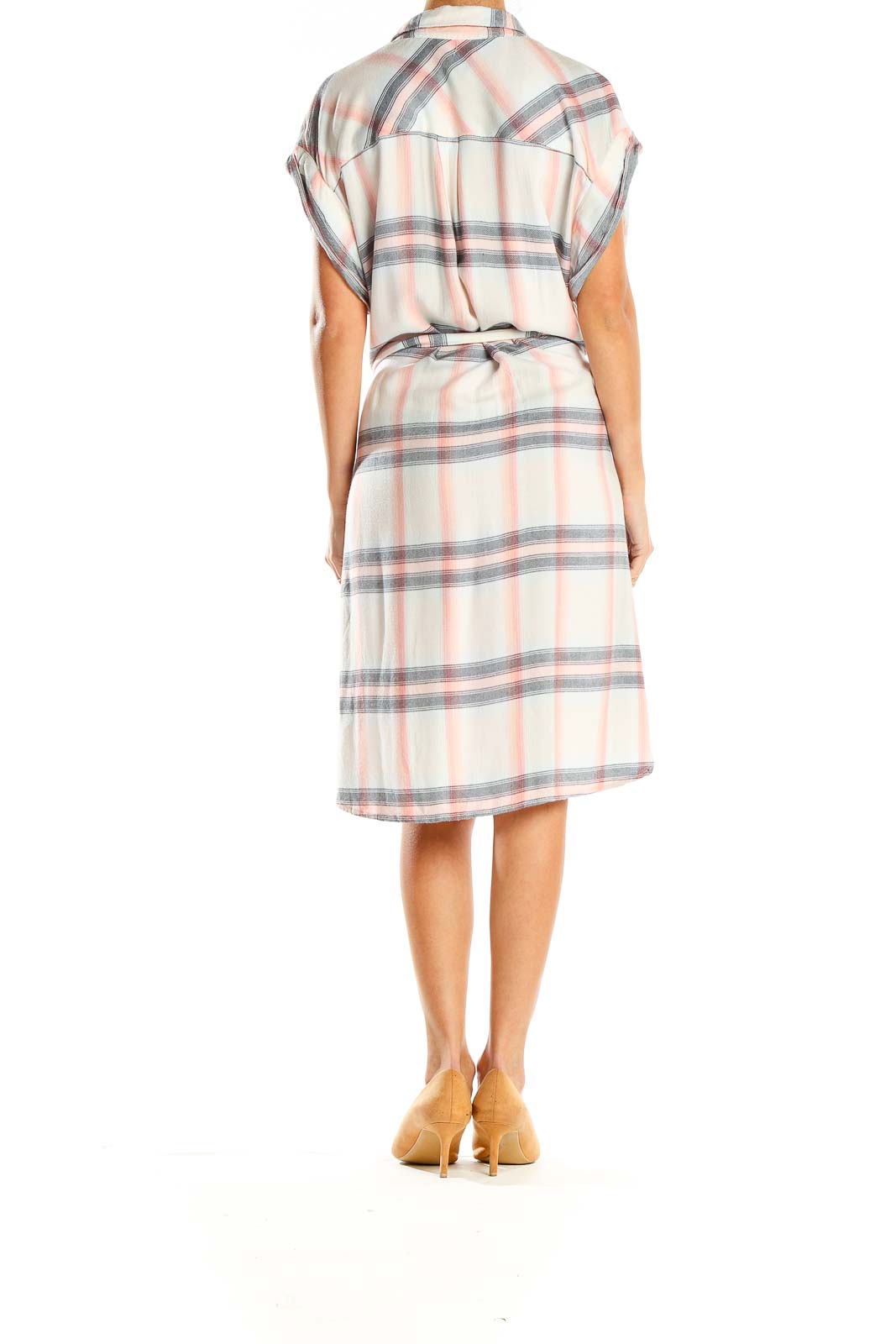 Side view of Gap white plaid button-down shirt dress showing relaxed fit