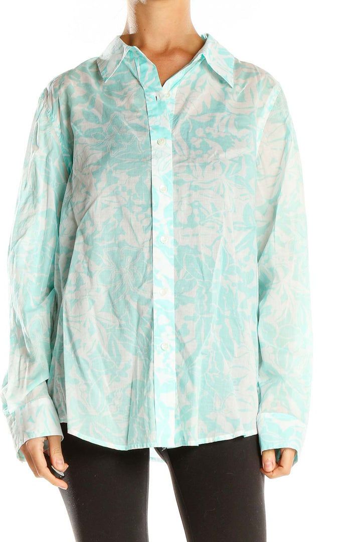 Front view of mint green floral print button-down shirt by Jones New York Sport