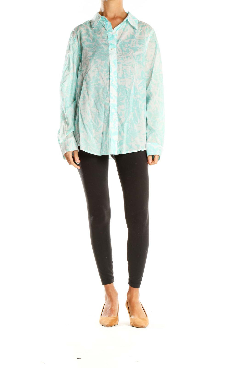 Front view of mint green floral print button-down shirt by Jones New York Sport