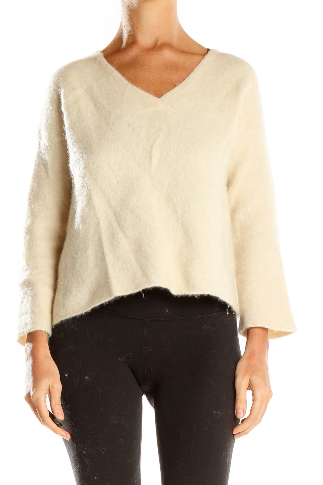 Front view of Eileen Fisher cream fuzzy knit V-neck sweater