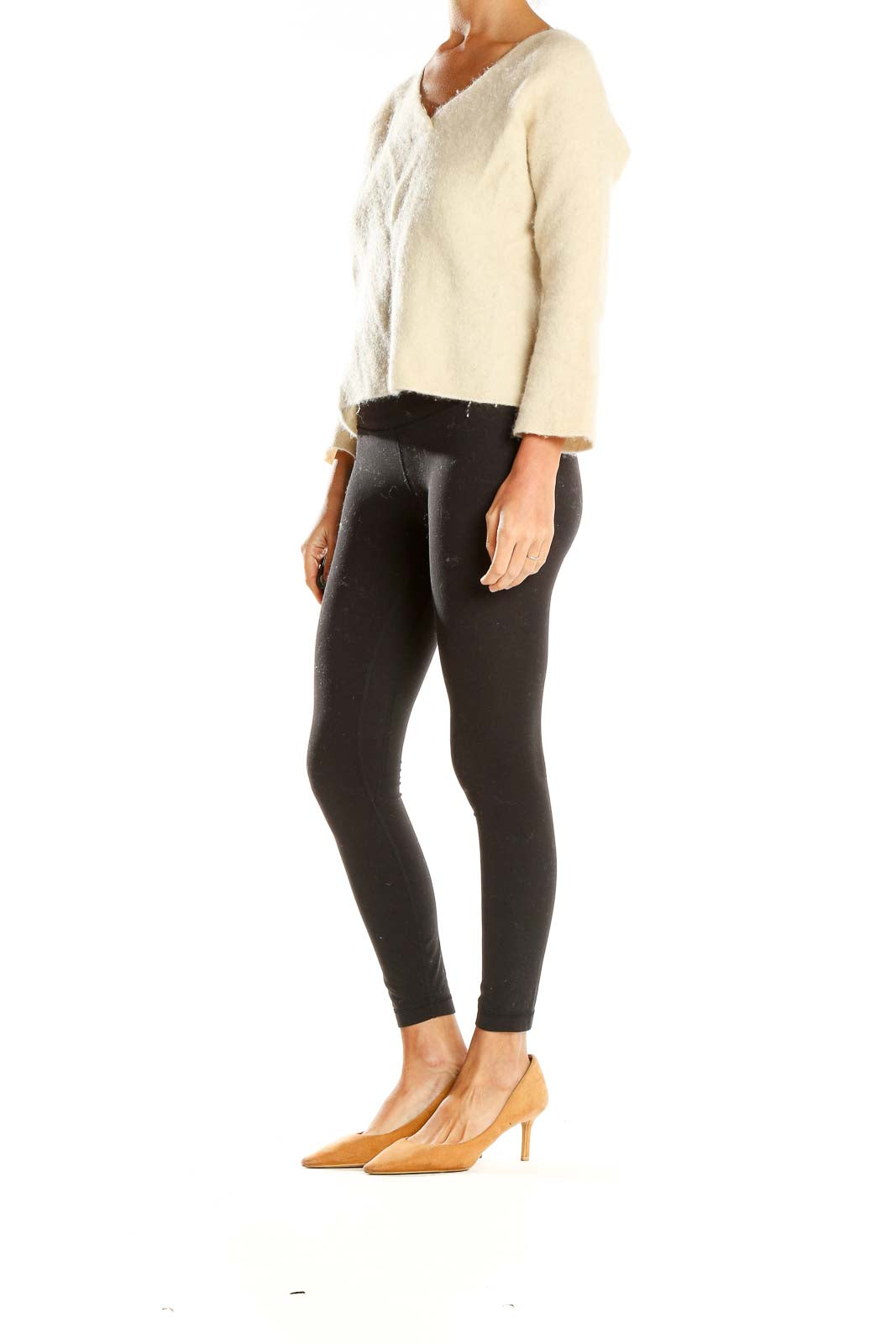 Front view of Eileen Fisher cream fuzzy knit V-neck sweater